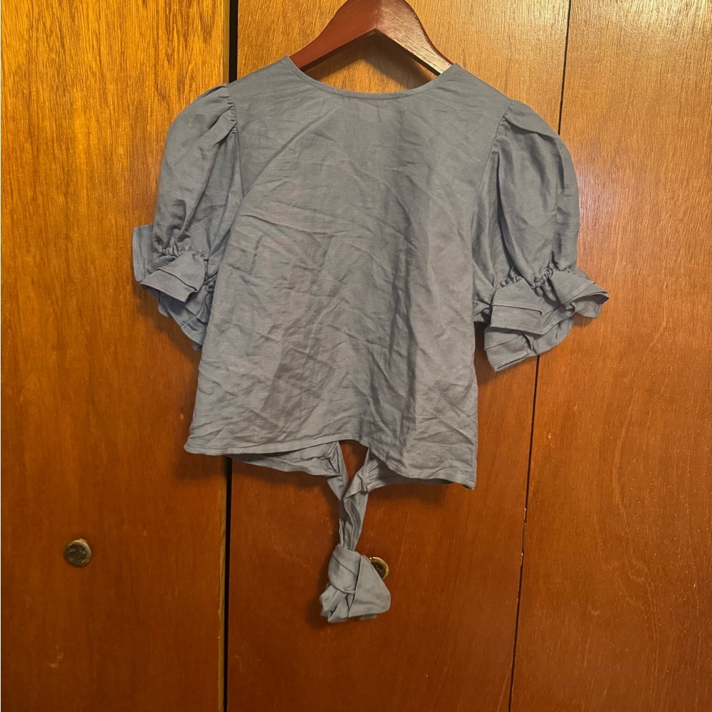 Express Blue Linen Blend Puff Sleeve Open Back Tie Blouse small